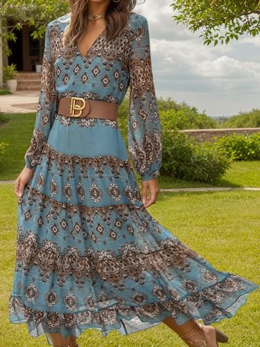 Women's Western Chiffon Ruffle Lantern Long Sleeve Maxi Dress Summer Vintage Ethnic V Neck Swing Long Dresses2