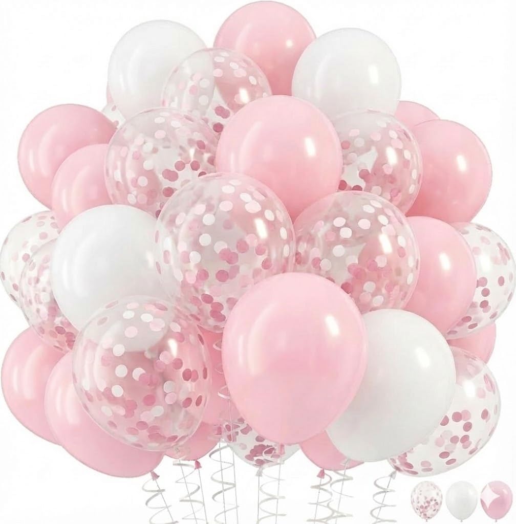 OHugs Pink Balloons - 50 Pcs Set of 30 Pink, 10 White, 10 Pinky and White Confetti Balloons, 2 Ribbon for Bridal Shower, Baby Shower, Birthday Party, Gender Reveal, Wedding Decorations