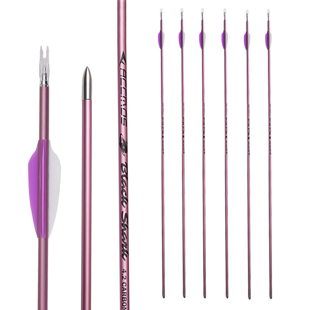 ACCMOS 6 Stück Hellviolette Feder Pfeile ID 4,2 mm Spine 1000 Jagdpfeil 28 Zoll Carbonpfeil, für Bogen & Pfeil Schießen (Spine 1000, 28inch)