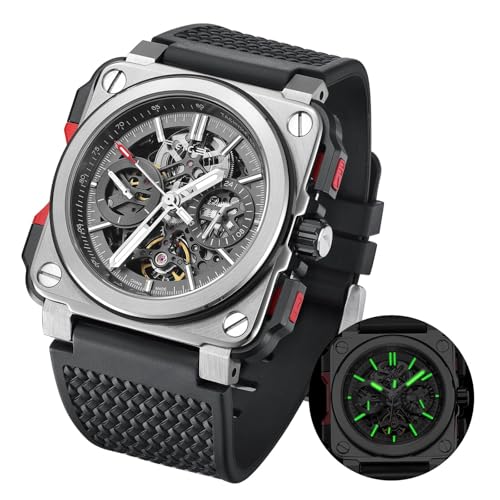 FEICE FM507 Men's Automatic Skeleton Mechanical Calendar Watch Black Silicone Strap Square Sport Luminous Dial 10ATM Waterproof Mens Sports Watch