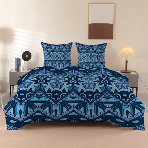 PNHCL - Funda nórdica de 240 x 280 cm, 2 personas, funda de edredón étnica azul de microfibra, juego de cama para adulto, estilo bohemio, ropa de cama con cremallera y 2 fundas de almohada de 65 x 65