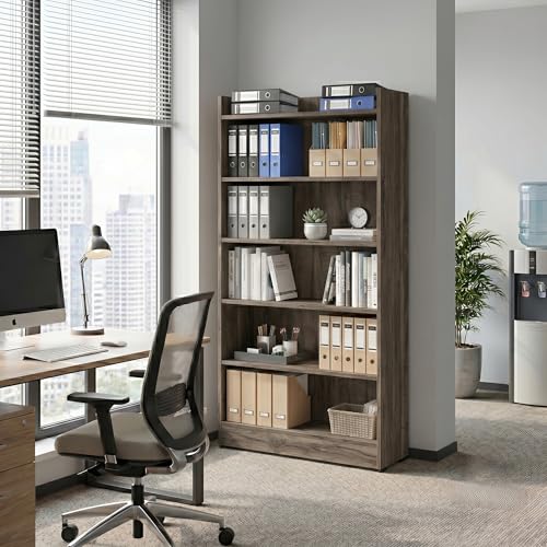 Image of Apex 5-Tier Bookshelf & Display Rack, Modern Open Storage Organizer for Living Room, Office & Library, 62.5x23.5x130cm (Dark Oak)