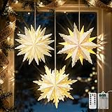 Lot de 3 lanternes en papier en forme de flocon de neige : Chaque lampe en papier mesure (L * L * H) : 45 * 45 * 10cm/17.7 * 17.7 * 3.9in. Alimenté par 3 piles AA (piles non incluses), l'ensemble de lanternes en papier est livré avec une télécommande qui permet d'allumer et d'éteindre sans effort, ce qui évite d'avoir à tendre le bras pour éteindre les lampes suspendues en hauteur. Avec 8 modes d'éclairage, votre fête de Noël se distinguera des autres !