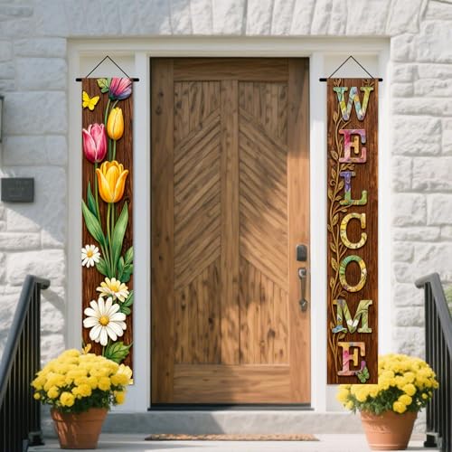Image of Nuxovilar Welcome Floral Wooden Porch Banners 12x70 Inches Polyester