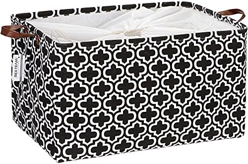 Sea Team Moroccan Pattern Canvas Fabric Storage Basket Collapsible Geometric Design Storage Bin with Drawstring Cover and PU Leather Handles, 16.5 by 11.8 inches, Waterproof Inner
