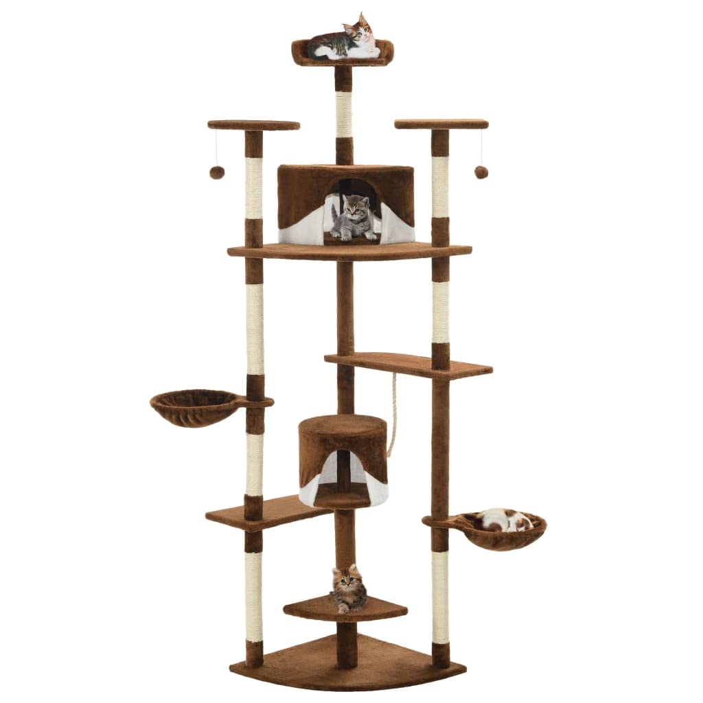 Rascador para gatos con columnas rascadoras de sisal, 203 cm, color marrón y blanco | Parque infantil de varios pisos, marco tapizado de felpa, 2 hamacas, casas escondidas para apartamento