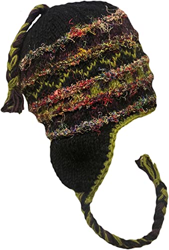 Nepal Hand Knit Sherpa Hat with Ear Flaps, Trapper Ski Heavy Wool Fleeced Lined Cap (Green Rainbow Slub)