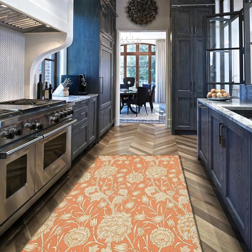 Tapis de sol style William Morris tulipe sauvage lavable orange