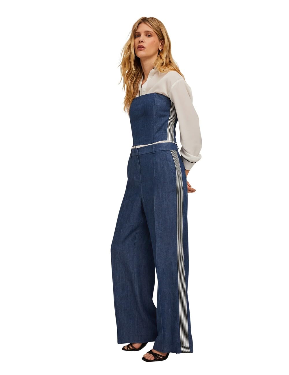 Motivi: Pantalón Modelo Palazzo Efecto Tejido Vaquero con Bandas Laterales Spring Summer 25