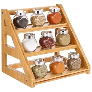 3-Tier Stepped Wood Spice Rack Organiser – Sturdy Countertop & Cabinet Shelf for Kitchen or Bathroom (12″ x 8.5″ x 9.4″ / ~30cm x 22cm x 24cm)