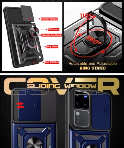 Image of WOW IMAGINE Tough Armor Bumper Mobile Back Case for Vivo V30 Pro | Sliding Camera Shield Cover | Shock Proof 360 Protection | Hybrid PC + TPU | Ring Holder with Kickstand - Blue