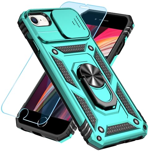 SunStory Compatible with iPhone SE 2022/2020/3rd/2rd / 6/7/8 Case with HD Screen Protector & Slide Camera Cover & Kickstand, [Military-Grade] Phone Case for iPhone SE 2020/2022/6/7/8 (Teal)