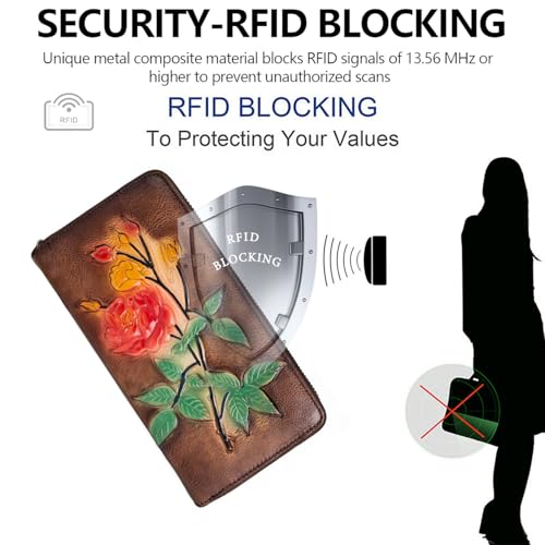 Image of Wallet Genuine Leather for Women - with RFID Blocking Card checkbook ID Slot Large Capacity Vintage style (gardenia coffee)