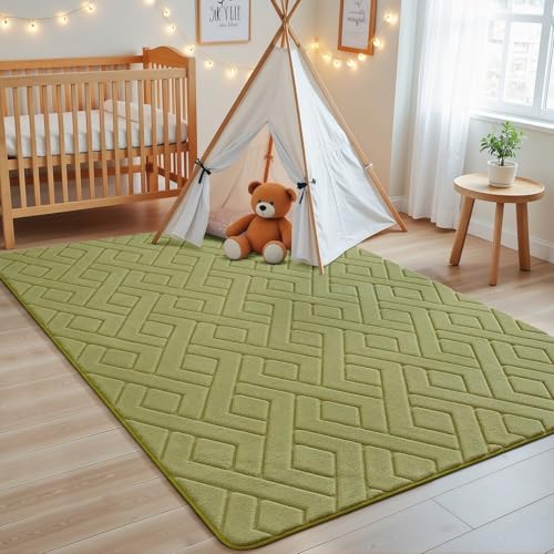 Macgace Alfombra verde ultra suave para dormitorio, alfombra geométrica moderna de 3 x 5 pies con respaldo antideslizante para sala de estar, alfombra mullida lavable para habitación acogedora de