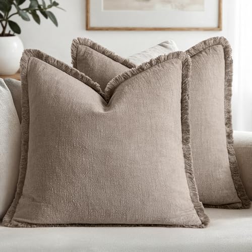 Image of MIULEE Decorative Throw Pillow Covers Neutral Linen Fringe Throw Pillows Euro Shams Set of 2 Dune Boho Farmhouse Cushion Covers for Couch Sofa Bed Living Room Fall Home Decor 22x22 Inch