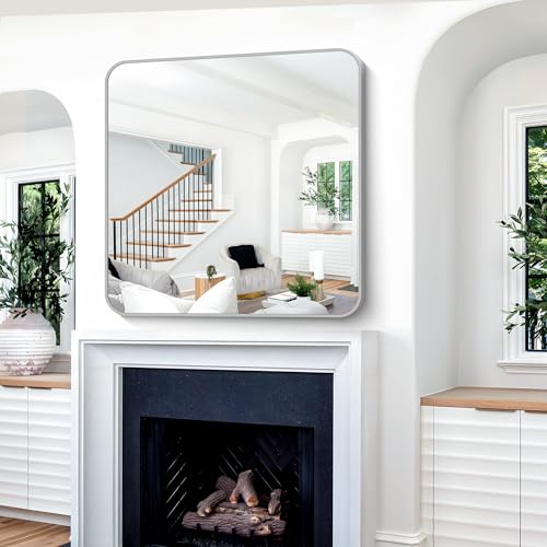 Image of Silver Bathroom Mirror, 42 x 42 Inch Silver Square Mirror, Metal Framed Rectangular Vanity Mirror, Rounded Corner Wall Mounted Mirror for Living Room Bedroom Entryway Hangs Horizontal /Vertical