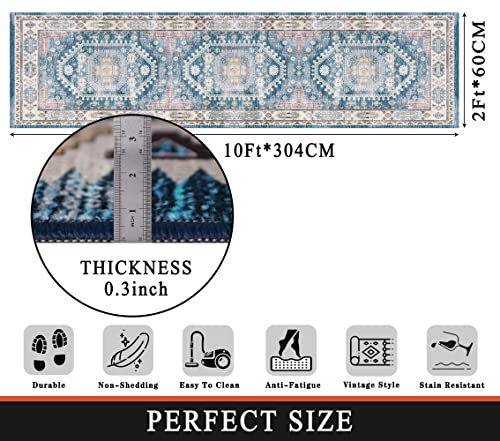 vivorug Blue Runner Rug 2x10 Machine Washable Rug with Non-Slip Backing, Ideal for Kitchen Hallway Entryway Laundry Room - Vintage, Durable, Easy Clean, Low Pile Carpet Runner
