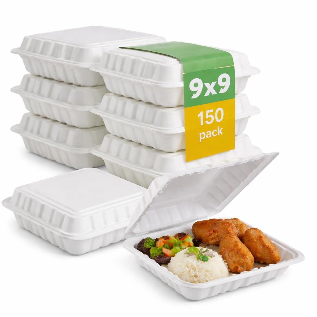 ProTakeOut, Front Lock MFPP Hinged Container, White Vented 9" x 9" – 1 Compartment Clamshell Disposable Takeout Boxes, Durable Microwaveable To-Go
