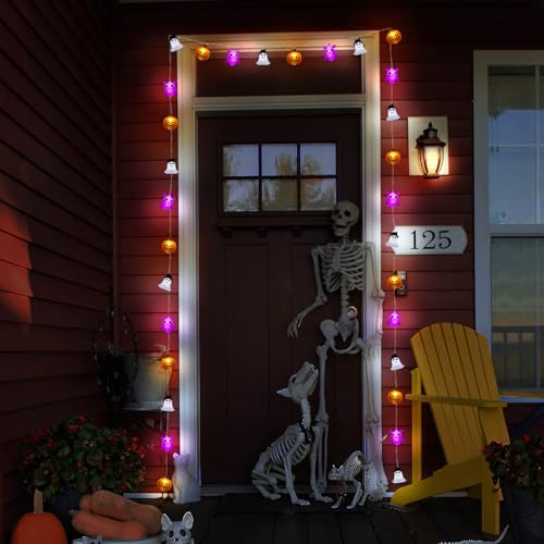 Image of Halloween Lights Decorations, 16.4 FT 30 LED Pumpkin Bat Ghost Spooky Battery Operated Cute Orange and Purple String Lights Cozy Remote Timer 8 Lighting Modes Twinkle Indoor Outdoor Window Porch Decor