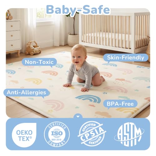 Image of 1.5 inch Thick Play Mat, 50 x 50 Memory Foam Floor Mat, Rainbow Macaron