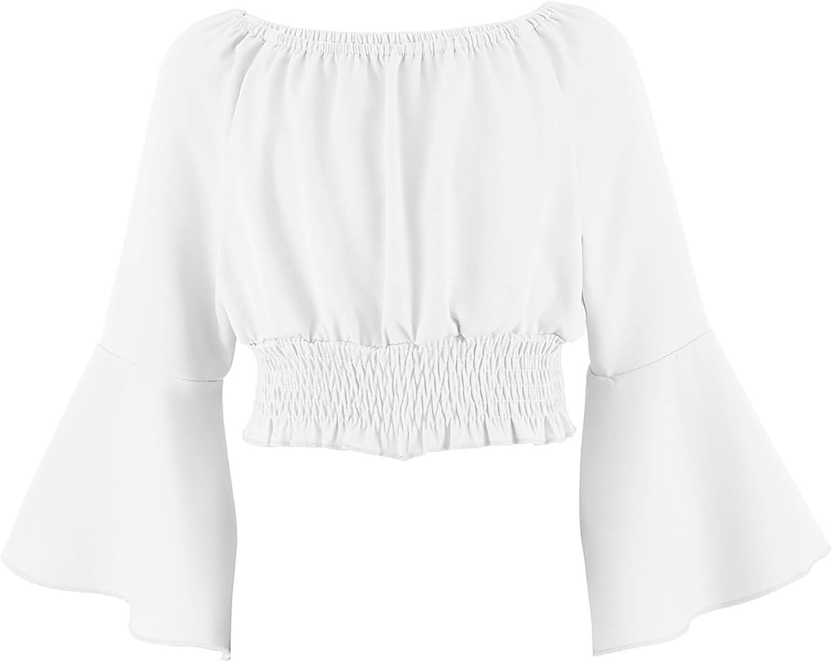 Girls Renaissance Peasant Blouse Off Shoulder Trumpet Sleeve Tops 2025 Summer Trendy Solid Pirate Boho Tunic Shirts