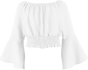 Girls Renaissance Peasant Blouse Off Shoulder Trumpet Sleeve Tops 2025 Summer Trendy Solid Pirate Boho Tunic Shirts