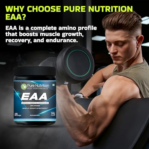 Image of Pure Nutrition EAA Supplement for Men and Women | EAAA Supplements for Muscle Growth, Recovery, Hydration, Endurance & Peak Performance | Intra Workout & Post Workout Amino Acid Support | Essential Amino Acids Powder with Leucine | Unflavoured EAA Powder Supplement for Active Lifestyle, Strength & Workout Energy Support - 250g (25 Servings)