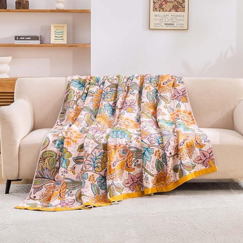 Image of XIBLC Boho Throw Blanket for Bed, 100% Cotton Soft Rustic Quilt Fall Blanket, 50 inchx60 inch Floral Printed Farmhouse Decor Bed Blankets, All Season Rustic Reversible Bohemian Throw Quilt