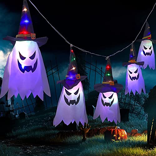 Halloween Decorations Outdoor 5Pcs Hanging Lighted Glowing Ghost Witch Hat Decor with Lights String Glowing Hanging Witch Hats for Halloween Party Indoor Outside Ornaments and Yard Tree Garden 118inch -  Yemetey, 44FYJEDI400069