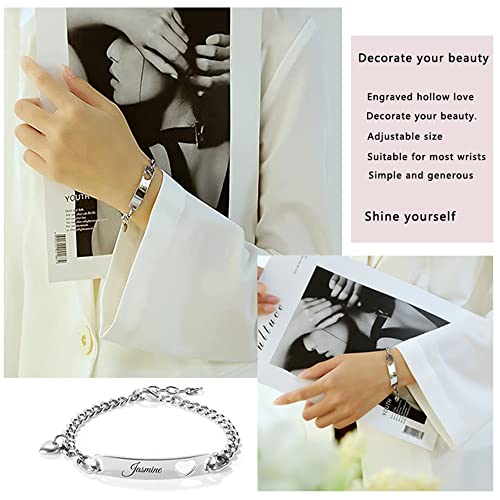 Shumei Jewelry Personalized Custom Id Name Bracelet, Nameplate Date Engraved Stainless Steel Silvery Bracelet Best Friend Customized Gifts For Women thumb #4