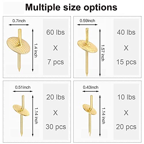 Image of 72 pcs Picture Hangers with 10-60lbs, 4 Different Size Picture Hangers, Iron Alloy Nail Hooks, Plaster Picture Hanging Kit on Wooden /Drywall Hanging Hardware for Clock, Mirror, Jewelry (Pack of 2)
