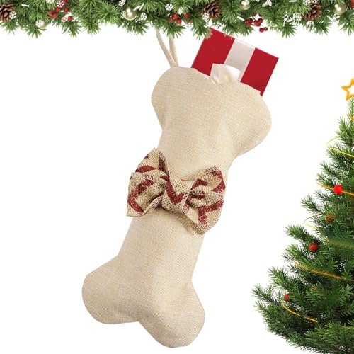 犬の骨のストッキング - 黄色のリネンギフトバッグ、クリスマスデコレーション袋|暖炉の吊り下げと季節のプレゼントのための弓のアクセント付きのお祝いのホリデーストレージオーガナイザー(167文字)