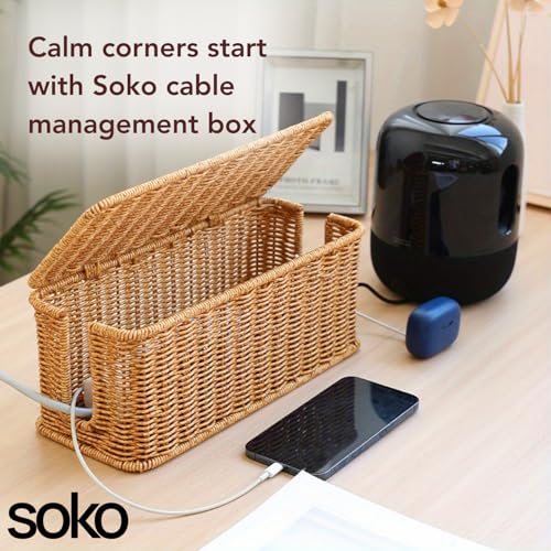 Image of Soko Woven Faux Rattan Cable Management Box| Cord Hider with Lid, 2 Open Slots Surge Protector | Power Strips, Router, TV, Gadget Wires Organizer Tray for Desktop, Table-Home, Office (Large) Natural