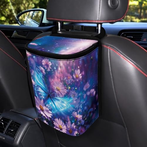 Image of Talayituse Butterfly Daisy Floral Print Car Trash Can with Lid, Leak Proof Auto Trash Bag Hanging Vehicle Garbage Can Multipurpose Storage Container for Back Seat Road Trip