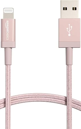 Amazon Basics USB-A to Lightning Cable, Nylon iPhone Charging, Apple MFi Certified, Compatible with iPhone 14/14 Pro/13/13 Pro/12/SE 2nd Generation, iPad Various Types Rose Gold, 0.9m