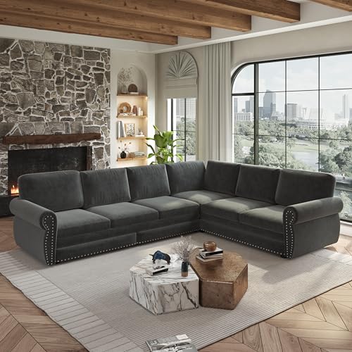 Image of KCGKCG 118 inch Sleeper Sofa Bed, Sectional Couches for Living Room /Apartment, Chenille L Shaped Couch with Pull Out Couch Bed, Convertible Sectional Sofa with Rolled Arm & Nailhead Trim, Dark Grey