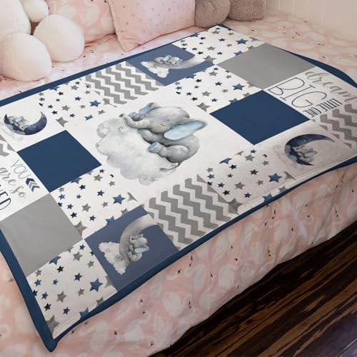 Image of HawSkgFub Navy Blue Elephant Baby Blankets Boys Shower Gift, Dream Big You're Loved Flannel Fleece Nursery Bed Receiving Swaddle, Soft Lightweight Newborn Infant Toddler Kids Crib Bedding 60 x 80