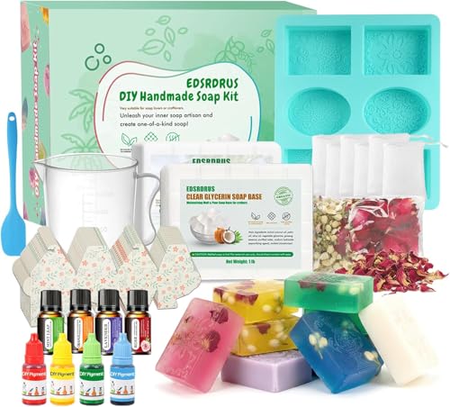 EDSRDRUS Basic Soap Making Kit for Adults - Soap Making Supplies with 2lbs Glycerin Soap Base Silicone Molds Dried Petals Fragrance Oils Pigments & More - Fun Easy Creative DIY Craft Kits
