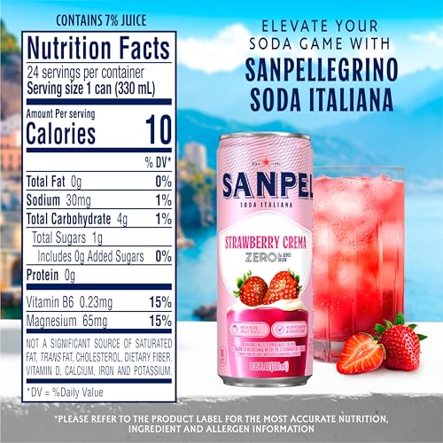 Image of Sanpellegrino Crafted Soda Italiana, Strawberry Crema, 24 Pack | Italian soda with real fruit juice, 0g added sugar, <20 calories, and Vitamin B6 & Magnesium for feel-good moments.