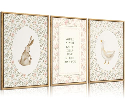 Image of 3Pcs Vintage Nursery Wall Art Silly Goose And Bunny Wall Decor Baby Kids Poster Prints Cute Animal Rabbit Goose Pictures Sweet Floral Painting for Girls Boys Room Bedroom Playroom 16x24in Unframed