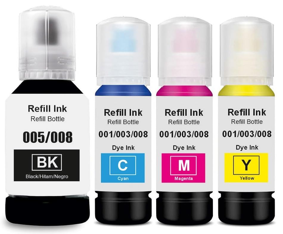 Image of ANG 008 Black Refill Ink for Epson L6460 /L6490 /L6550 /L6570 /L6580 /L11160 /L15150 /L15160 Printer Black, Magenta, Cyan & Yellow (Pack of 4)