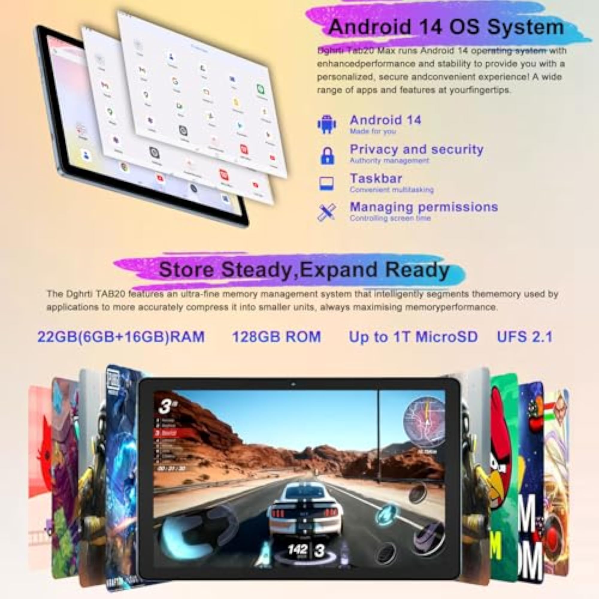 Android 14 Tablet with 22G RAM, 128G ROM, Face Unlock
