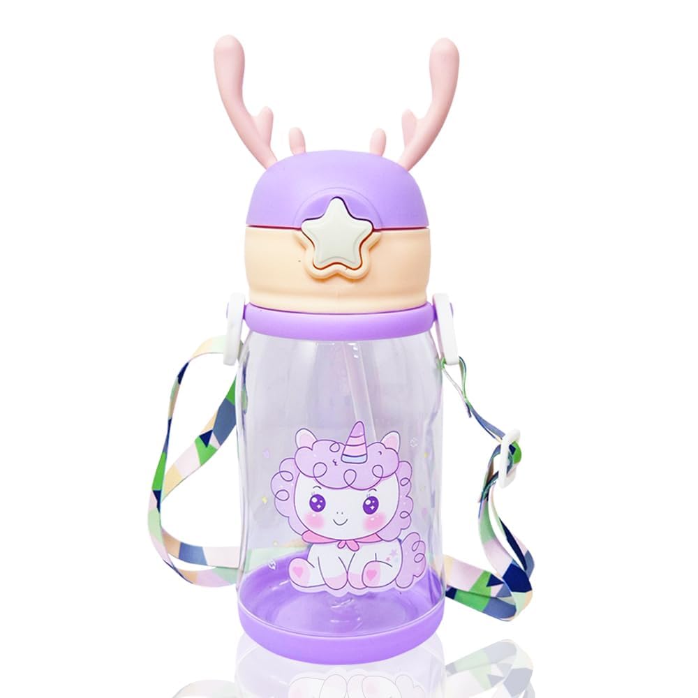 PARTEET Plastic Unicorn Printed Water Bottle with Straw & Strap for Kids Anti Leak Water Bottle for Boys & Girls for School, Large Capacity 500 ML For Kids., Multicolor