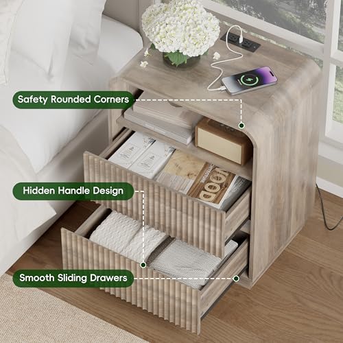 Image of Wodeer Grey Nightstand with Charging Station, Mid Century Modern Bedside Table & End Table, Fluted Wood Small Night Stand with 2 Hidden Drawers and Storage Shelf for Bedroom, Gray