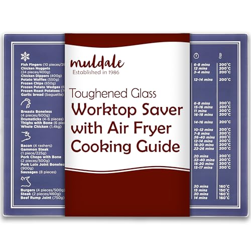 Muldale Blue Air Fryer Chopping Board - UK Conversion Chart - Toughened Glass Worktop Saver - Heat Resistant Cutting Board - Vintage Blue