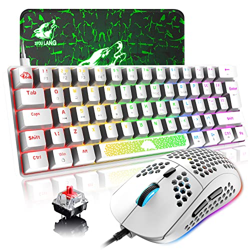 60%Wired Mechanical Keyboards and Mouse Combo RGB Backlit Gaming Keyboard+6400 DPI Honeycomb Mouses+Large Mouse Pad,Ergonomic,62-Key Anti-Ghosting,Compatible with Xbox,PS4,PC,Laptop(White/Red switch)