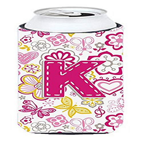 Caroline's Treasures CJ2005-KTBC Letter K Flowers and Butterflies Pink Tall Boy Hugger Can Cooler Sleeve Hugger Machine Washable Drink Sleeve Hugger Collapsible Insulator Beverage Insulated Holder