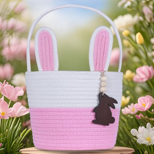 Image of Easter Basket, Empty Easter Baskets for Kids Boys Girls with Bunny Tag Egg Basket Eater Gifts Basket Toddler Teens Babys First Easter Basket with Handle Pink White