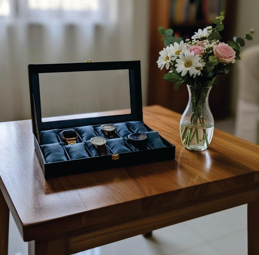 Image of Men's and Women's Watch Box Holder Organizer Case In 12 watches box organizer In PU Leather with Black & blue