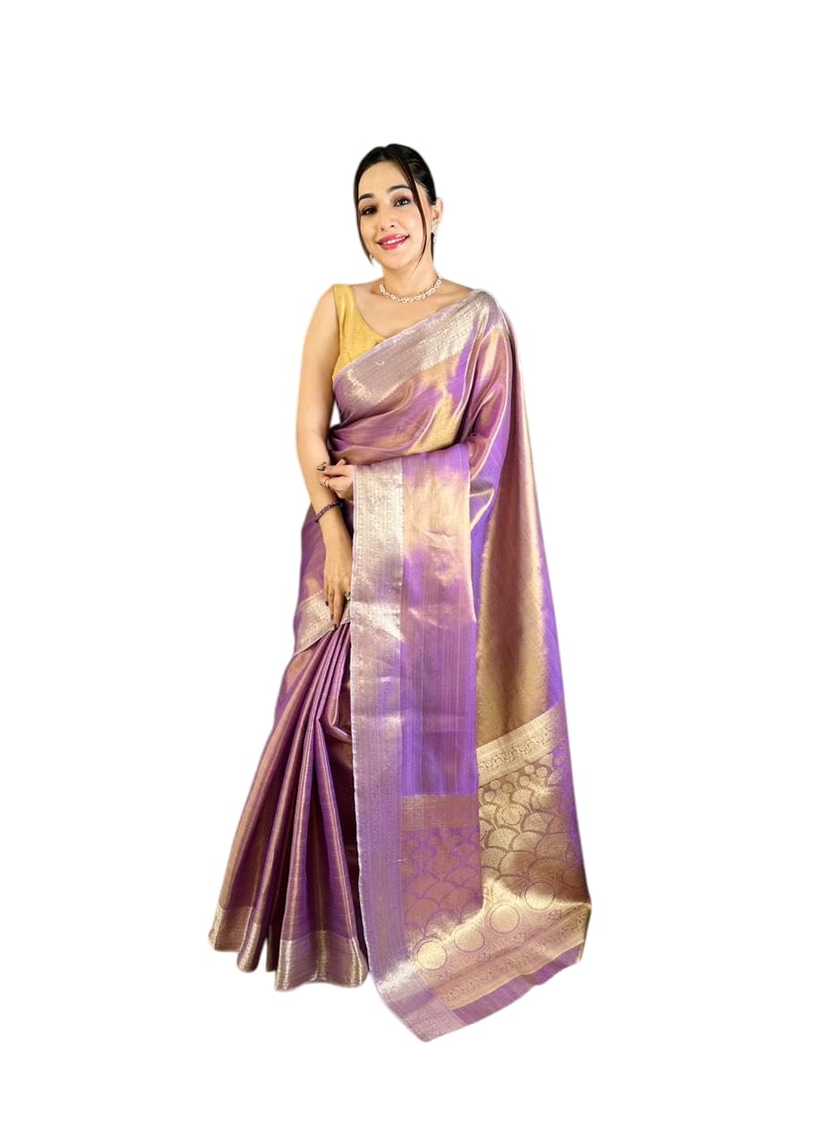 satika vastram Women's Banarasi Tissue Silk Saree Soft Zari Weaving Golden Tone With Blouse Piece-picture-17
